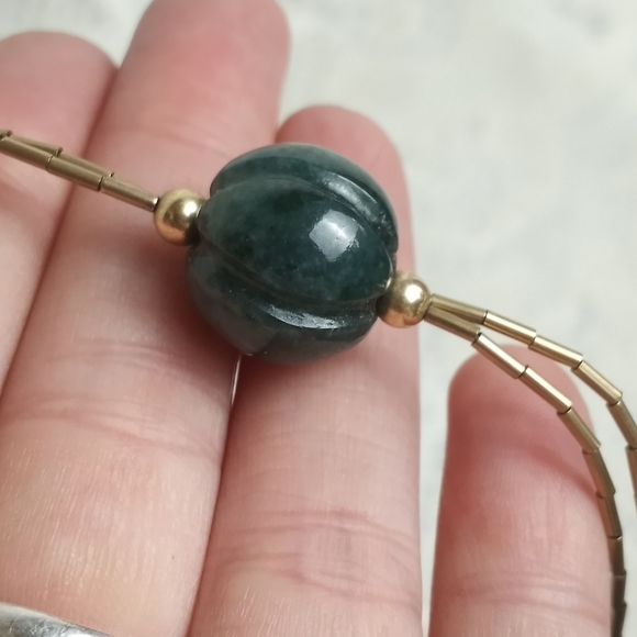 1930s Spinach Green Nephrite Jade Carved Melon Pendant Choker 14k 925 Vintage - Picture 6 of 9